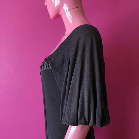 Max Azria 00s S Midi Dress Navy Blue Jersey Pin Tuck Woven Ribbon Drawstring Hem - Picture 7 of 13